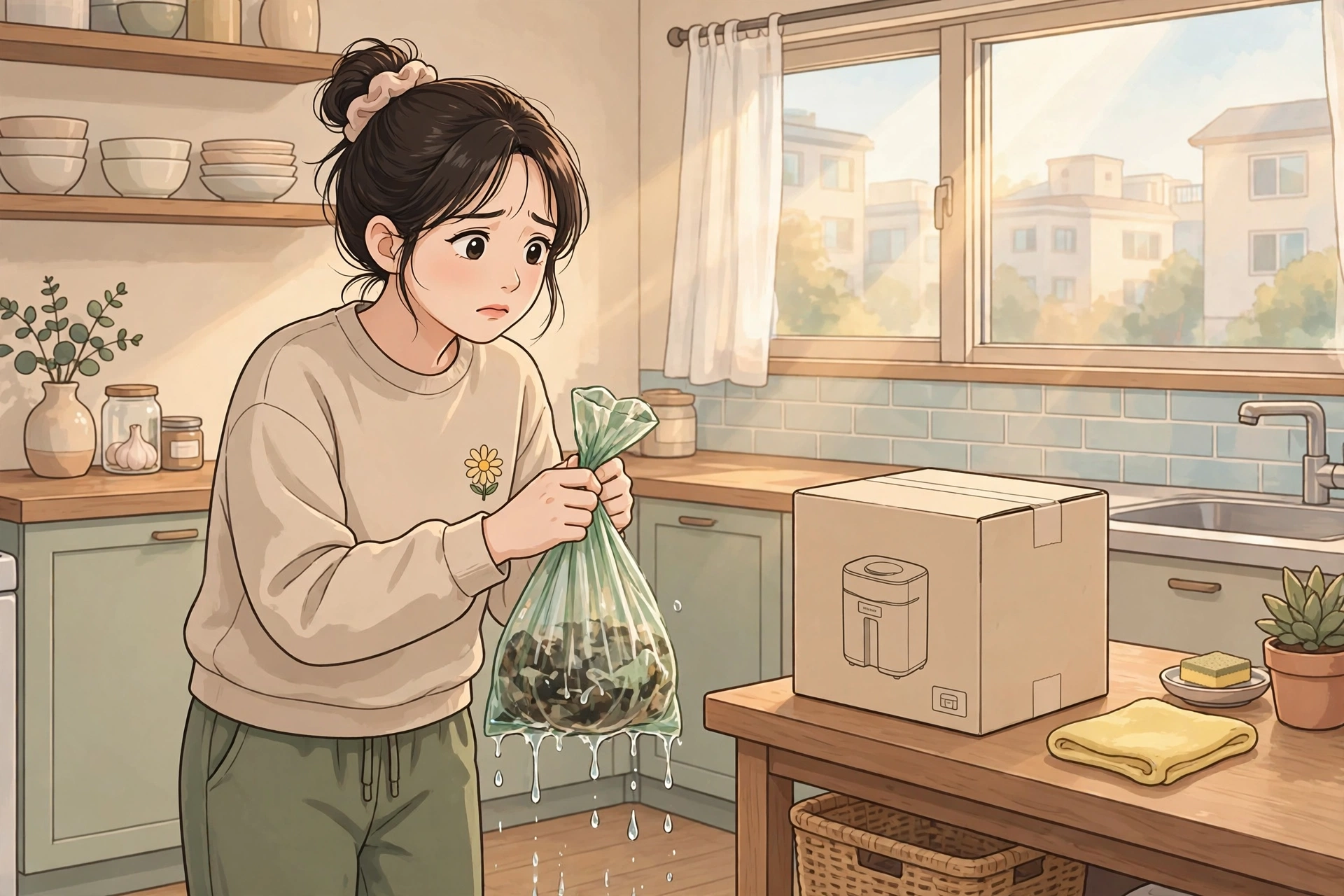 음식물 쓰레기 봉투를 들고 고민하는 원룸 주방