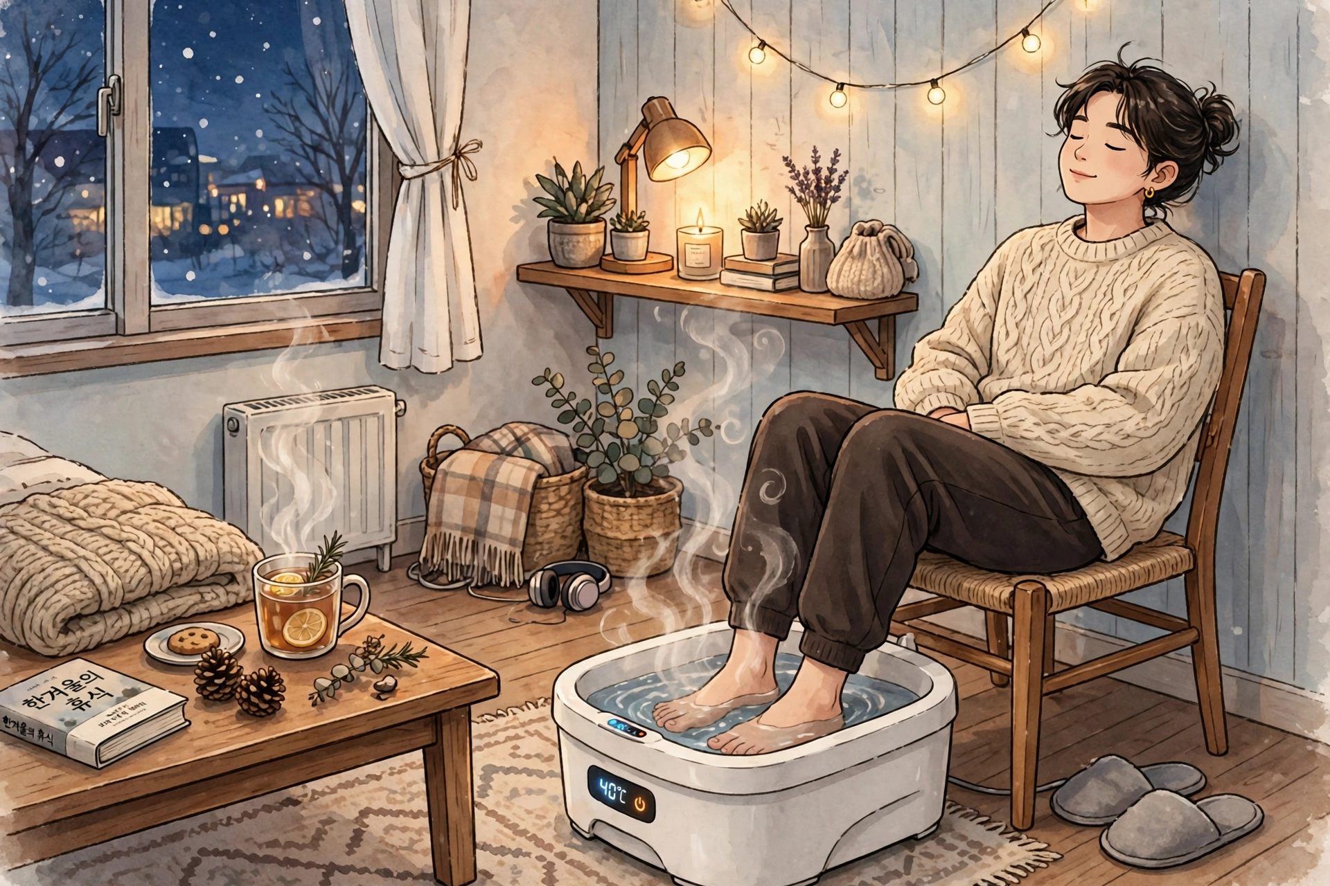 겨울 저녁 작은 방에서 전기 족욕기로 족욕하는 모습